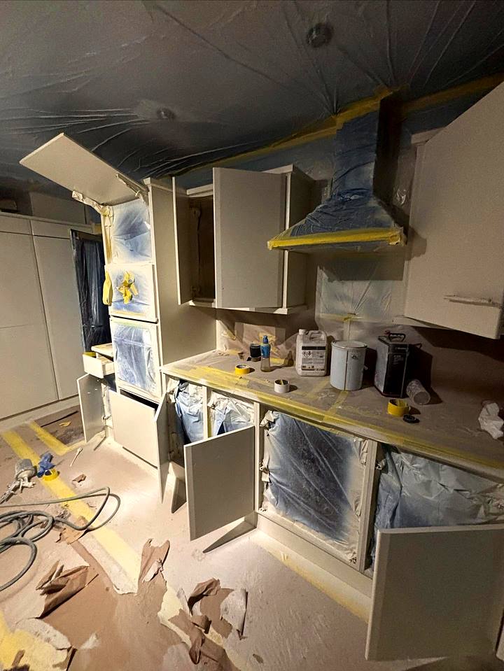 Kitchen: Sprayed in your home, cabinets and doors sprayed on site with the whole room masked